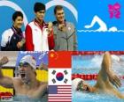 Ανδρικά παντελόνια 400 μέτρο freestyle πόντιουμ, Sun Yang (Κίνα), πάρκο Tae-Χουάν (Νότια Κορέα) και Peter Vanderkaay (Ηνωμένων Πολιτειών) - London 2012-